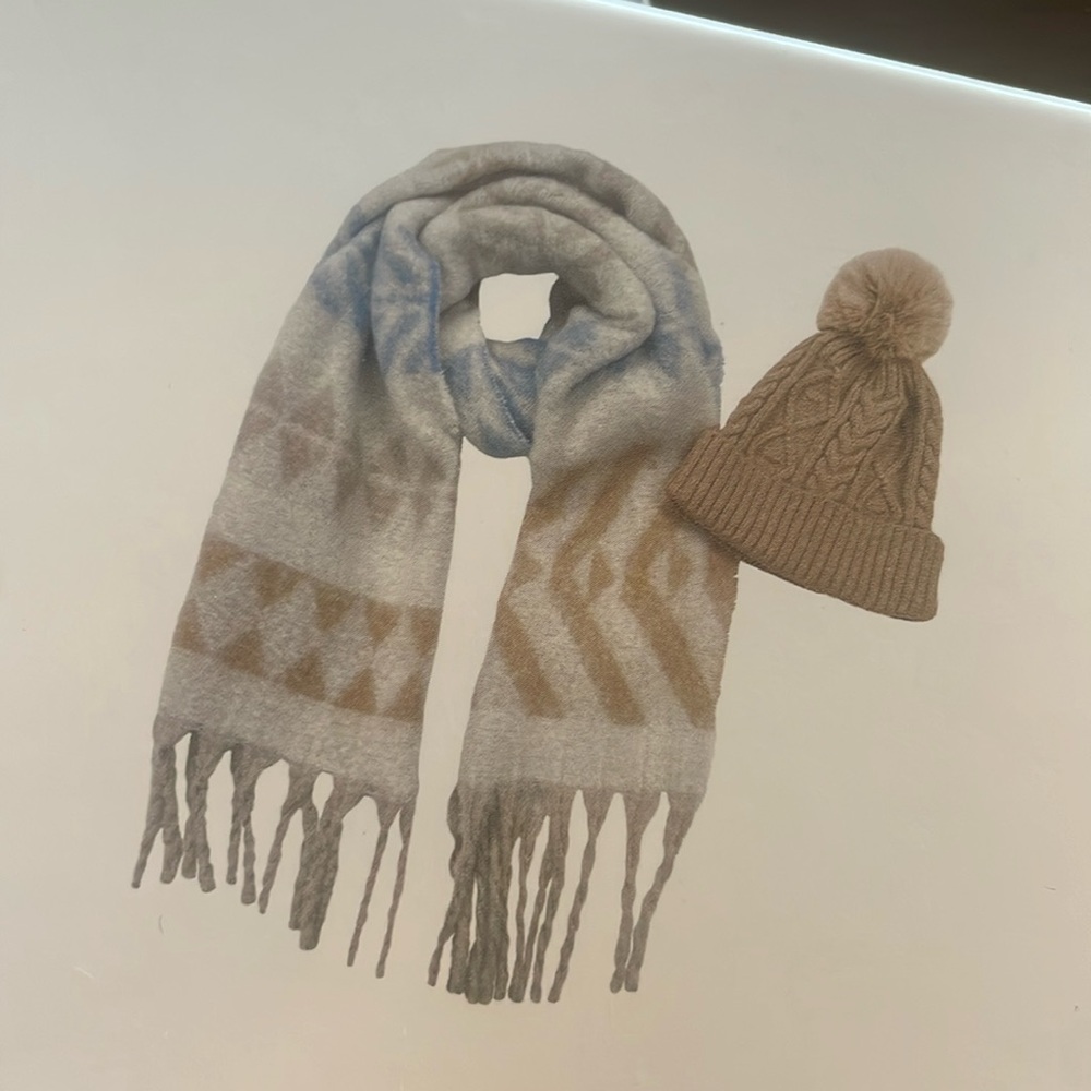 New super soft stocking hat and scarf, cuff hat with Pom, blue and beige